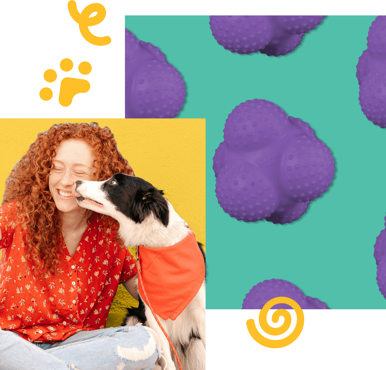 Woman getting licked by dog, featuring the yomp Pupstar toy on a teal background behind them. 